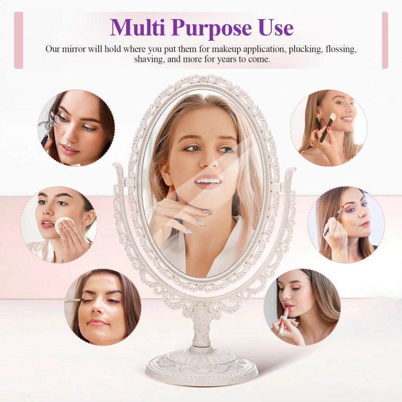 Uonlytech Oval Dressing Mirror Tabletop Makeup Mirror, Vintage Oval Shaped Makeup Mirror Swivel Cosmetic Mirror with 360 Degree Rotation for Women Travel Bedroom, Beige - Image 5