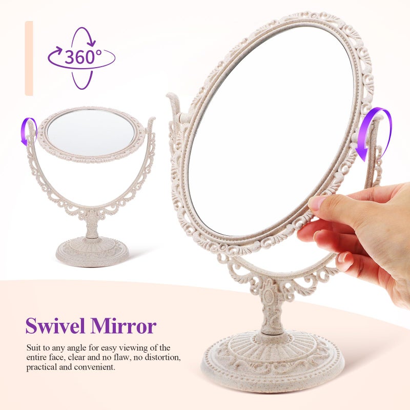 Uonlytech Oval Dressing Mirror Tabletop Makeup Mirror, Vintage Oval Shaped Makeup Mirror Swivel Cosmetic Mirror with 360 Degree Rotation for Women Travel Bedroom, Beige - Image 3