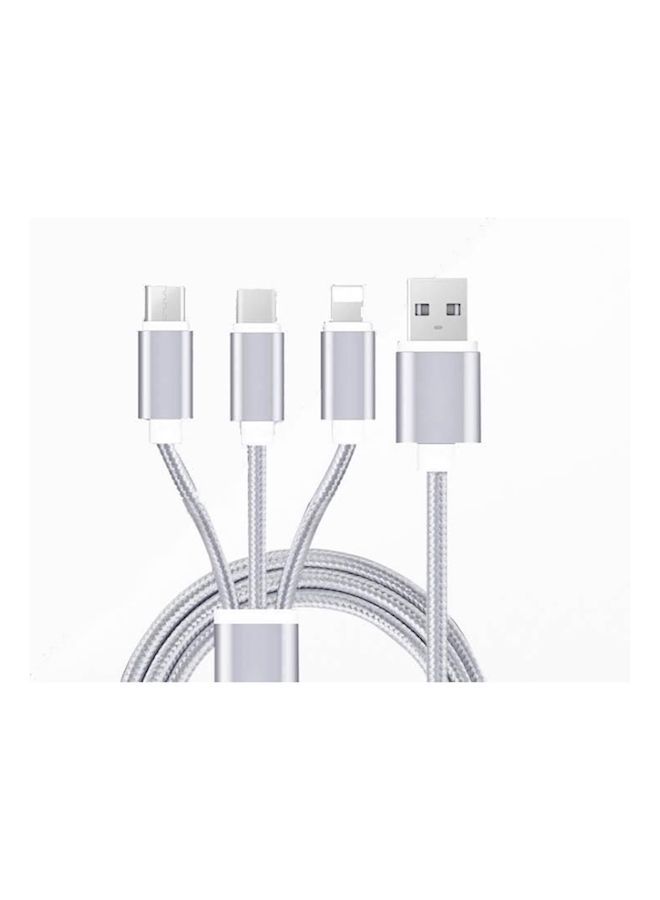 NIBEMINENT 3 In 1 USB Sync And Fast Charging Nylon Braided Data Cable With 8 Pin Ning, Micro Type C Connectors, Meter For Apple Andriod White