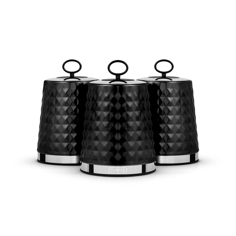 طقم حاويات Tower T826207BLK Solitaire من 3 قطع بغطاء فولاذي بلمسة مرآة مع حلقة دائرية محكمة الإغلاق من الفولاذ المقاوم للصدأ الأسود سعة 13 لتر