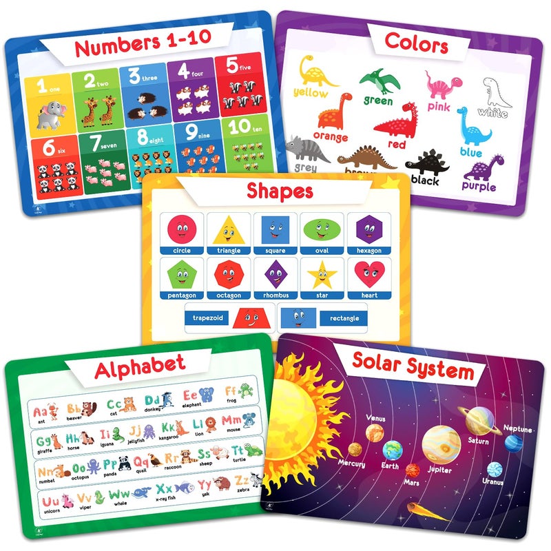 Simply Magic 5 Educational Placemats for Kids - Kids Placemats Non Slip, Washable Reusable Plastic Place Mats for Toddler, Alphabet ABC, Shapes, Colors, Numbers, Solar System Learning Place Mats - Image 1