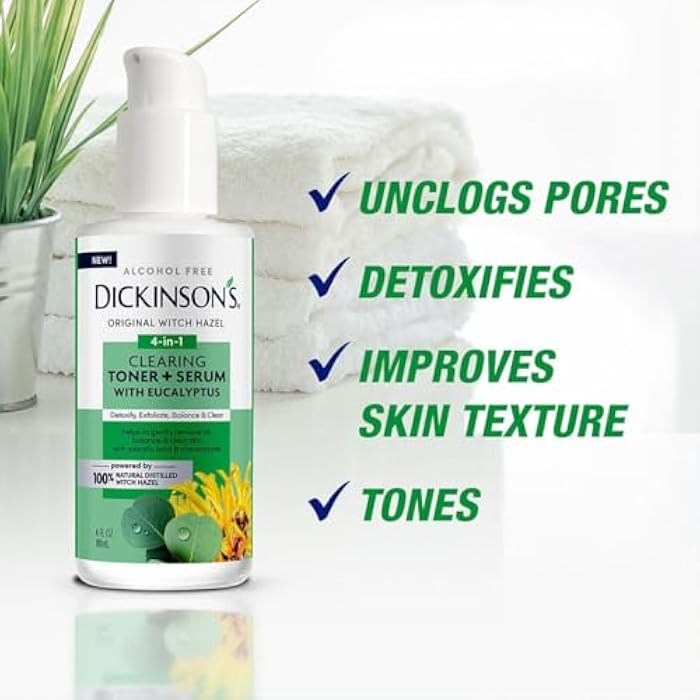 Dickinson's Original Witch Hazel Clearing Toner + Serum with Eucalyptus | 100% Natural Distilled Witch Hazel | Alcohol-Free | Detoxifies & Tones Skin | Unclogs Pores | 4 Fl Oz - Image 2