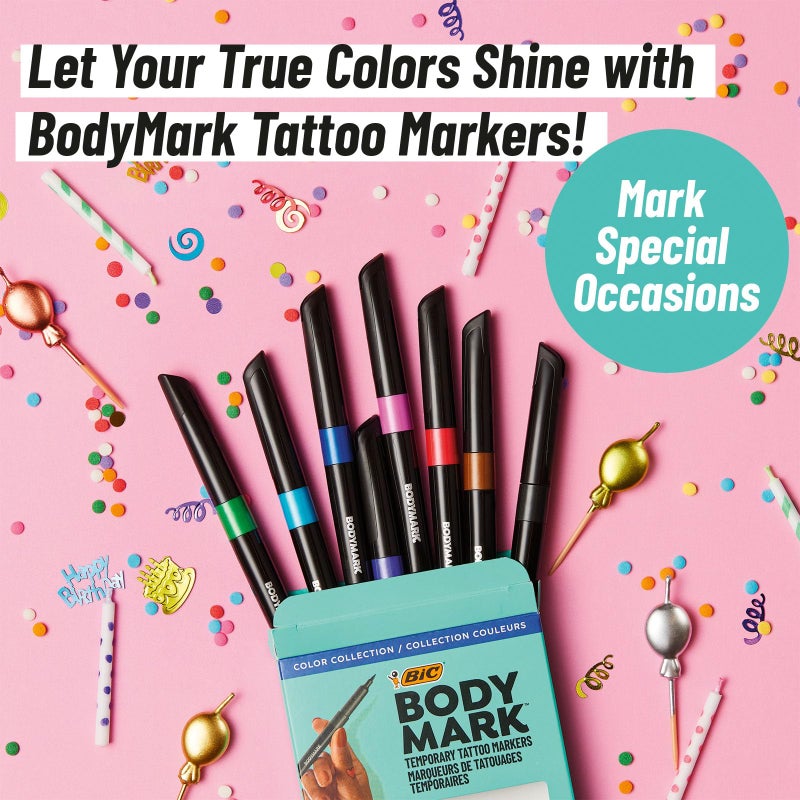 BodyMark BIC BodyMark Temporary Tattoo Marker Set with Vibrant Colors and Mixed Tips, 8-Count Pack in Assorted Ink - Image 3