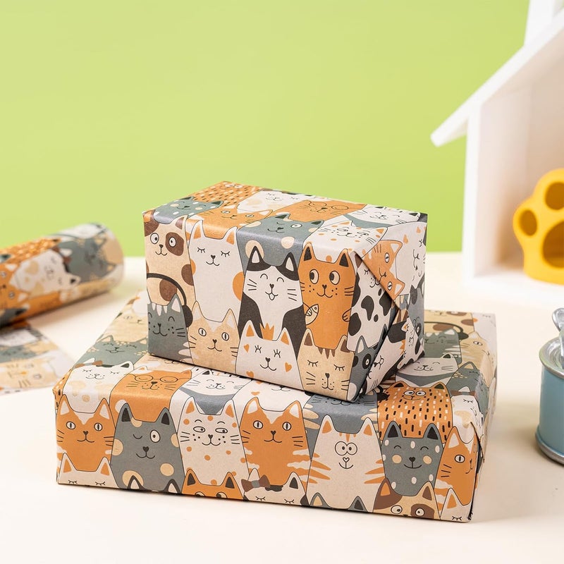 RUSPEPA RUSPEPA Cat Wrapping Paper Roll Mini Roll Adorable Cat Faces Design Gift Wrap Paper Kitten Kitty Kraft Paper Kraft Paper for Kids Birthday Cat Lovers and Special Occasions 17 In x 164 Ft - Image 4