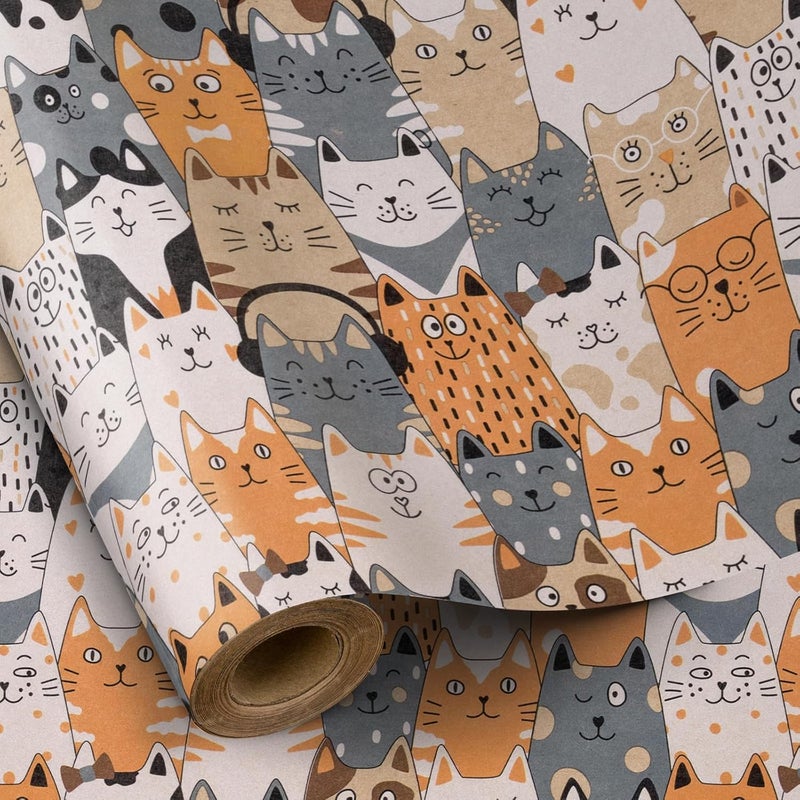 RUSPEPA RUSPEPA Cat Wrapping Paper Roll Mini Roll Adorable Cat Faces Design Gift Wrap Paper Kitten Kitty Kraft Paper Kraft Paper for Kids Birthday Cat Lovers and Special Occasions 17 In x 164 Ft - Image 1