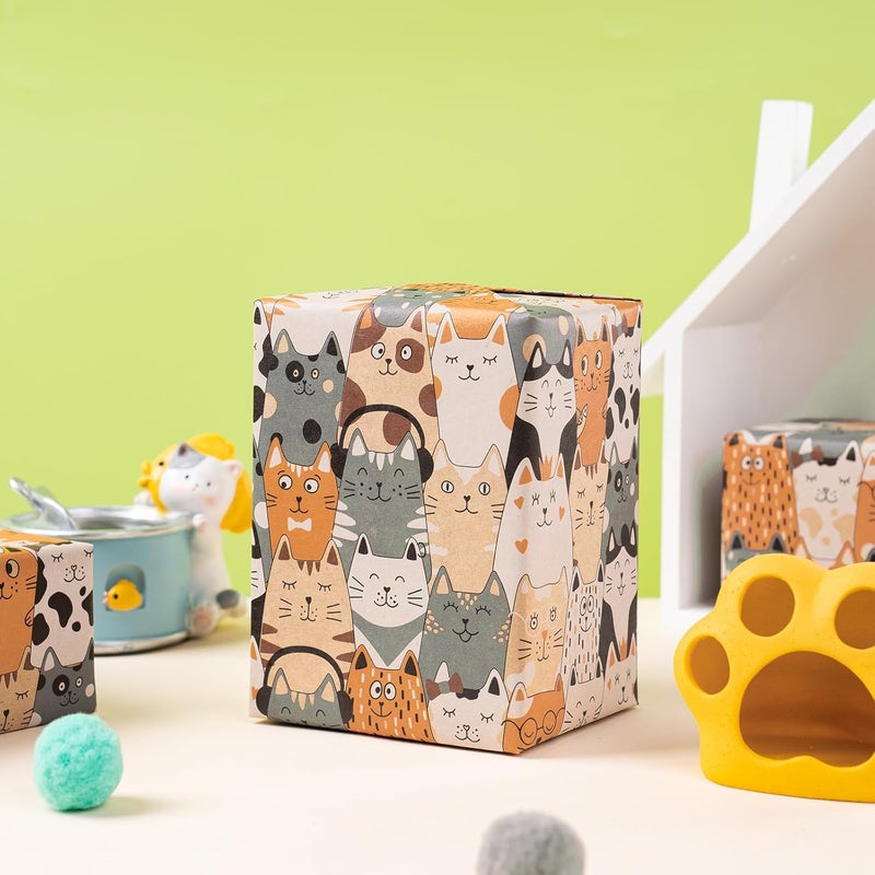 RUSPEPA RUSPEPA Cat Wrapping Paper Roll Mini Roll Adorable Cat Faces Design Gift Wrap Paper Kitten Kitty Kraft Paper Kraft Paper for Kids Birthday Cat Lovers and Special Occasions 17 In x 164 Ft - Image 3