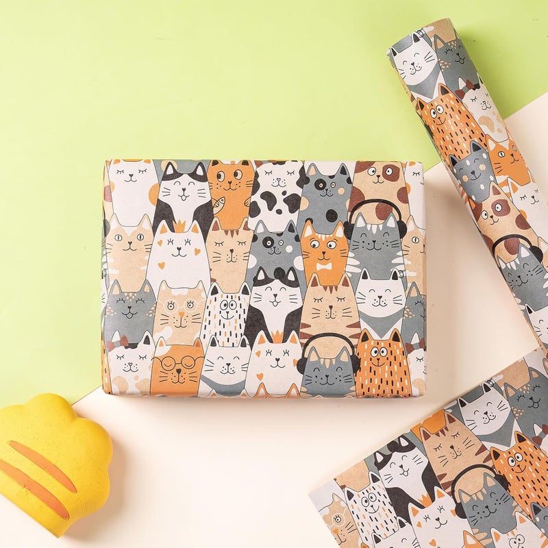 RUSPEPA RUSPEPA Cat Wrapping Paper Roll Mini Roll Adorable Cat Faces Design Gift Wrap Paper Kitten Kitty Kraft Paper Kraft Paper for Kids Birthday Cat Lovers and Special Occasions 17 In x 164 Ft - Image 5