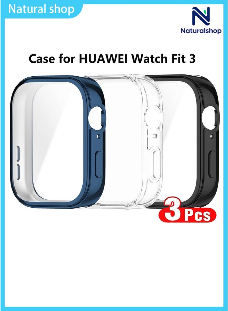 naturalshop 3 PCS Soft TPU Screen Protector Cover Case for HUAWEI Watch Fit 3 Black,Clear and Blue - Image 1