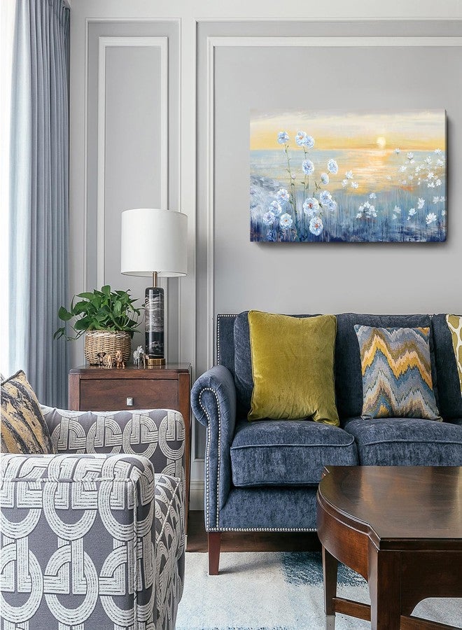 Nicetop Blue Ocean Sunset Canvas Wall Art for Living Room Abstract Seascape Painting Coastal Beach Wildflowers Picture Natural Sea Landscape Print Sunrise With Yellow Sky Seaside Artwork for Bedroom 20x40inch - Image 4