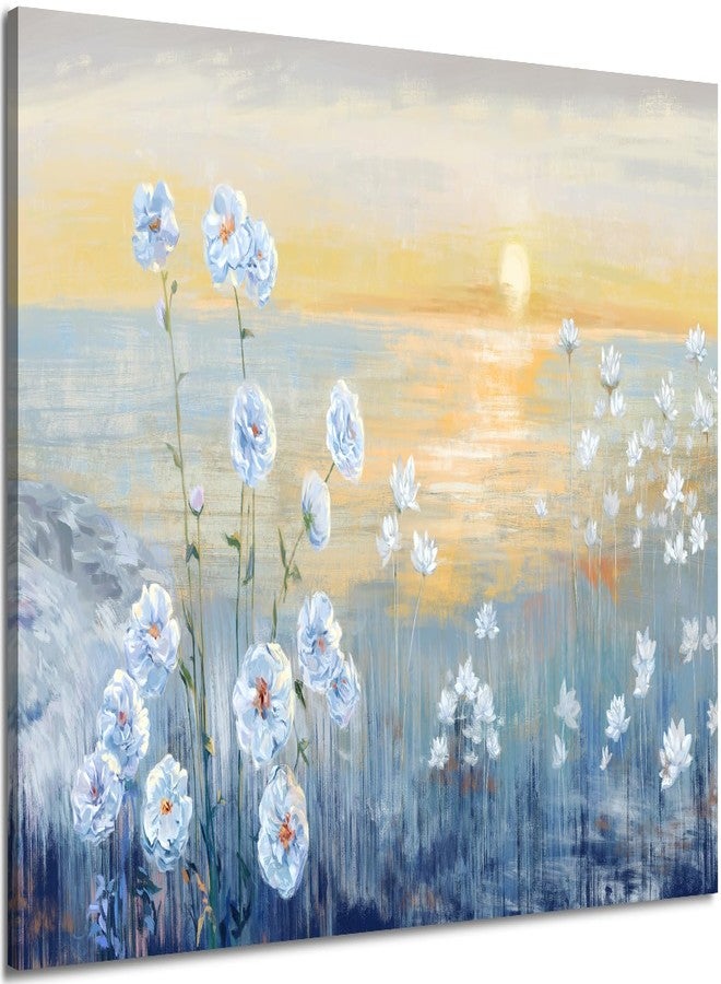 Nicetop Blue Ocean Sunset Canvas Wall Art for Living Room Abstract Seascape Painting Coastal Beach Wildflowers Picture Natural Sea Landscape Print Sunrise With Yellow Sky Seaside Artwork for Bedroom 20x40inch - Image 1