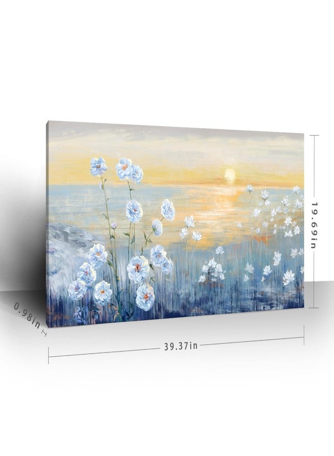 Nicetop Blue Ocean Sunset Canvas Wall Art for Living Room Abstract Seascape Painting Coastal Beach Wildflowers Picture Natural Sea Landscape Print Sunrise With Yellow Sky Seaside Artwork for Bedroom 20x40inch - Image 2