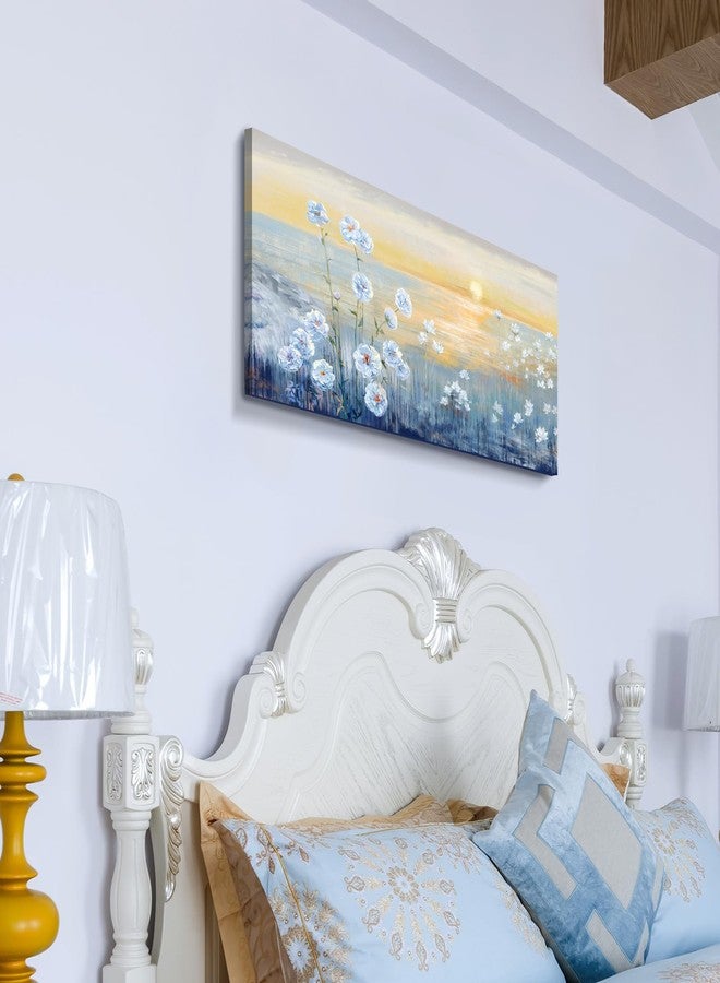 Nicetop Blue Ocean Sunset Canvas Wall Art for Living Room Abstract Seascape Painting Coastal Beach Wildflowers Picture Natural Sea Landscape Print Sunrise With Yellow Sky Seaside Artwork for Bedroom 20x40inch - Image 5
