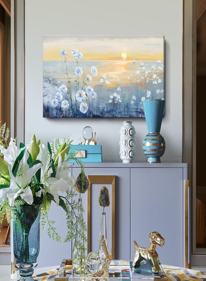 Nicetop Blue Ocean Sunset Canvas Wall Art for Living Room Abstract Seascape Painting Coastal Beach Wildflowers Picture Natural Sea Landscape Print Sunrise With Yellow Sky Seaside Artwork for Bedroom 20x40inch - Image 3