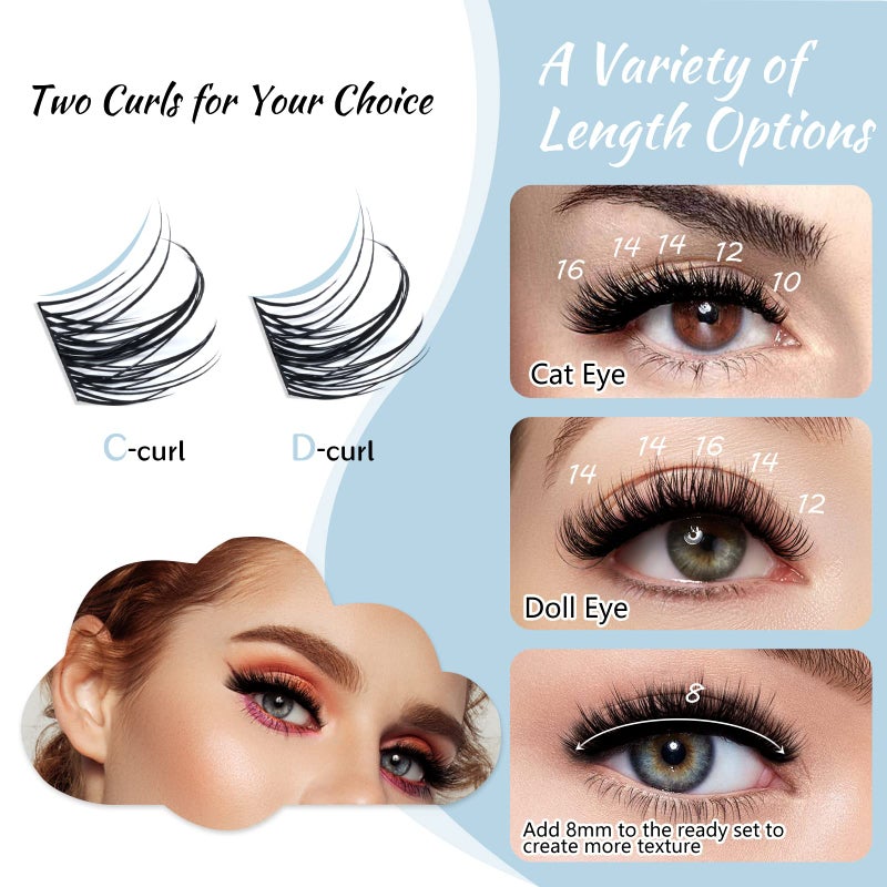 KevKev Lash Clusters 84 Pcs Cluster Lashes Eyelash Clusters DIY Cluster Eyelash Extensions Individual Lashes Thin Band & Soft(Cloudy,C-8-16mix) - Image 3