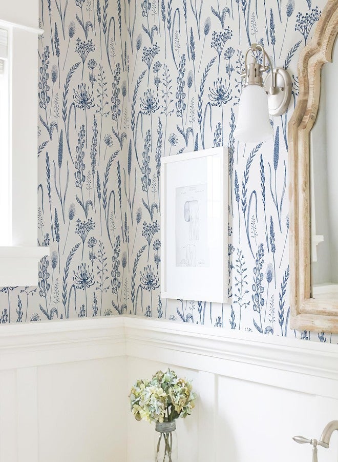 JiffDiff Peel and Stick Wallpaper Farmhouse Vintage Floral Contact Paper Wheat Meadow Removable Self Adhesive Wallpaper Blue and White (14.2 sq.ft) - Image 4