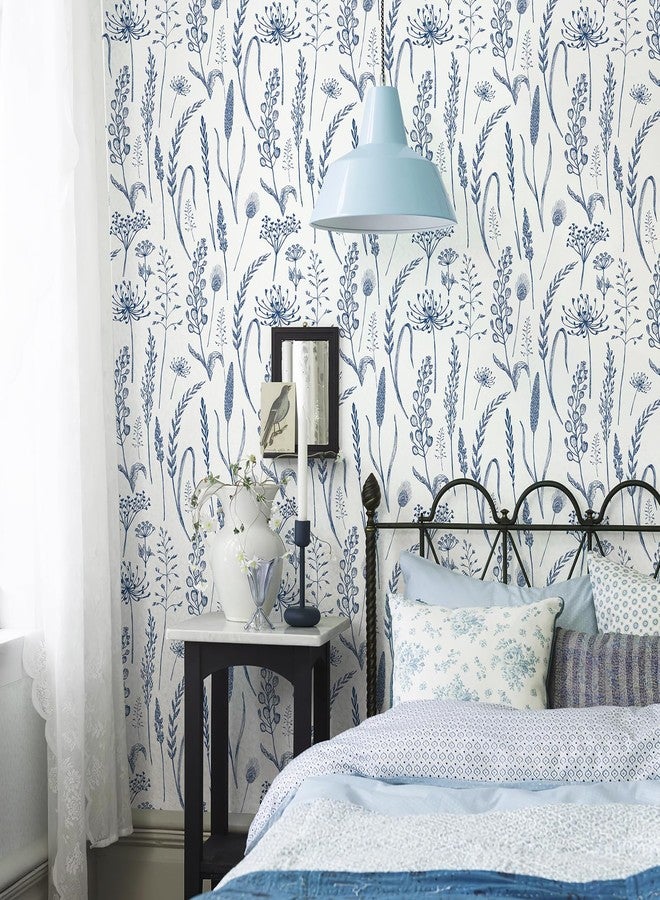 JiffDiff Peel and Stick Wallpaper Farmhouse Vintage Floral Contact Paper Wheat Meadow Removable Self Adhesive Wallpaper Blue and White (14.2 sq.ft) - Image 2