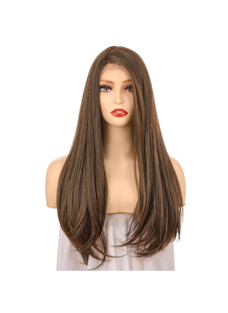 OneDor Onedor 24 Inch Fiber Straight Lace Front Wig - Glueless Side Part Dark Root Wigs for Women (Medium Brown Evenly Blended with Warm Medium Brown-RL6/8) 