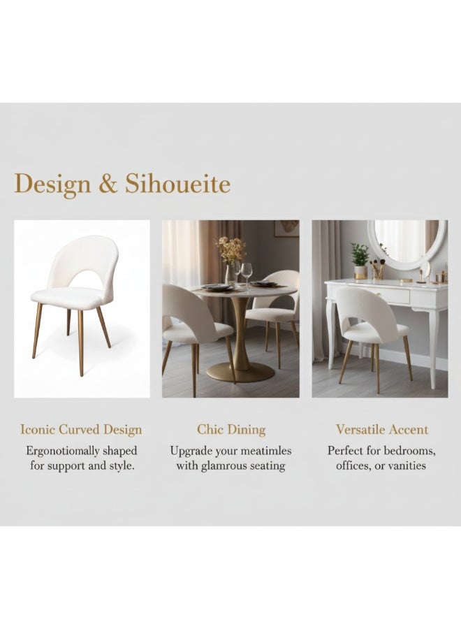 زد إتش للأثاث كرسي طعام مودرن بوبلي | تنجيد قماش تيدي أبيض، ظهر منحني، أرجل معدنية ذهبية | كرسي مميز أنيق لغرفة الطعام أو خزانة الملابس أو المكتب - Image 4