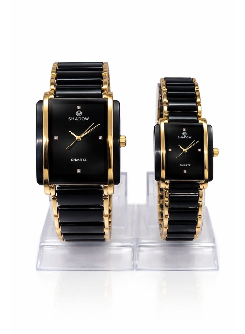 SHADOW Prestige Duo SD0878 Couple Watch Set Quartz Stainless Steel Black Dial Gold Tone Men & Women Wristwatch - Image 1
