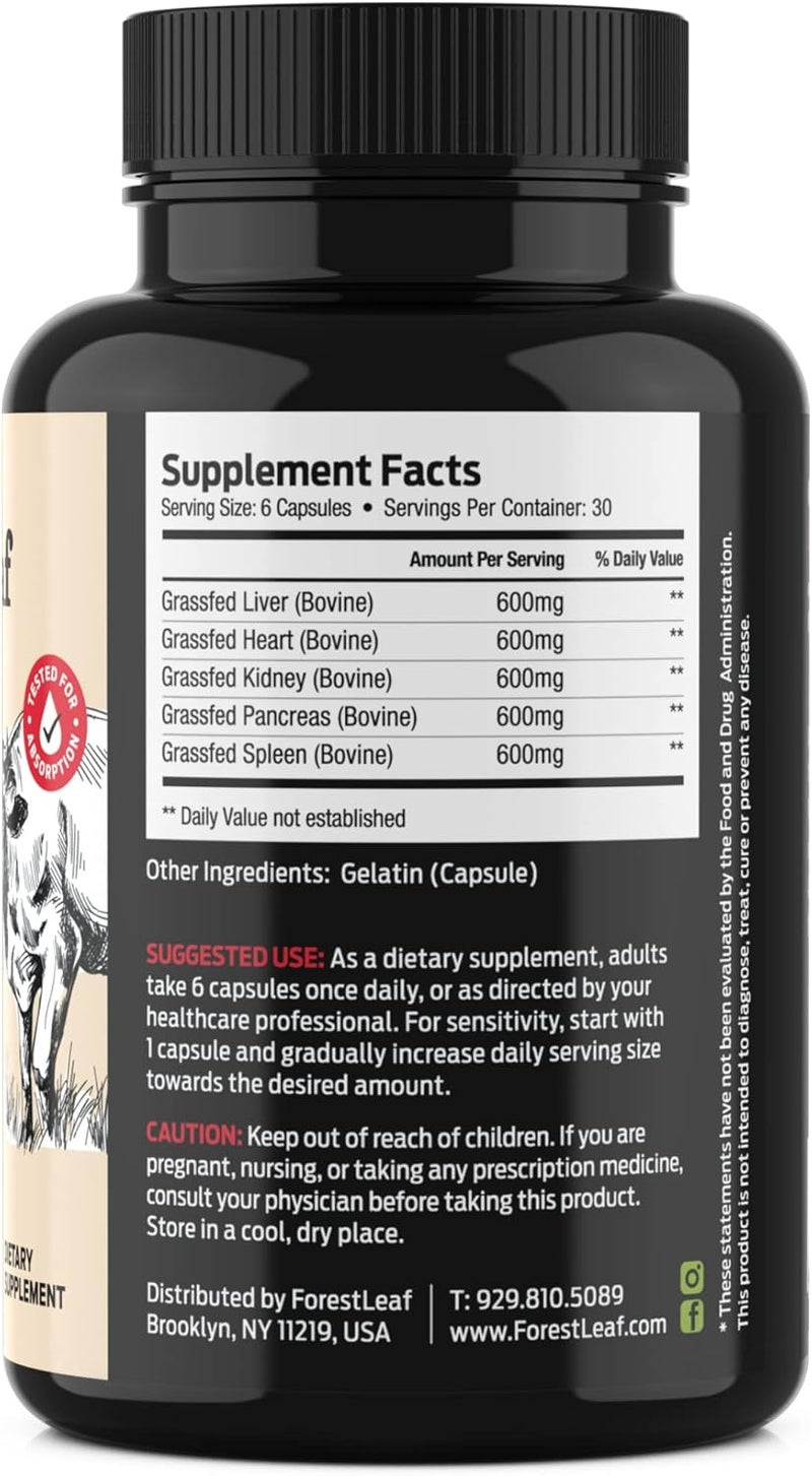 ForestLeaf مكمل لحم البقر من فوريست ليف للأعضاء  من حيوانات تتغذى على العشب  مرفوعة في المراعي  صحة الجسم الكاملة  مركب أداء الأعضاء مع 3000 ملغ من كبد البقر المجفف  القلب  الكلى  البنكرياس  الط splen 180 كبسولة - Image 3