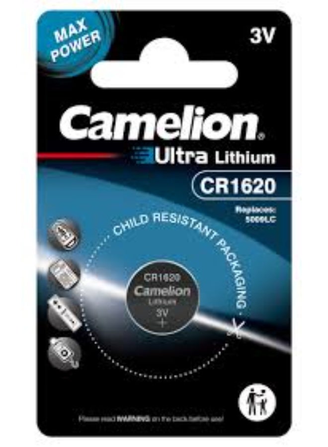 CAMELION ULTRA LITHIUM CR1620 BATTERY - 3V MAX POWER (1 PC) - CHILD RESISTANT