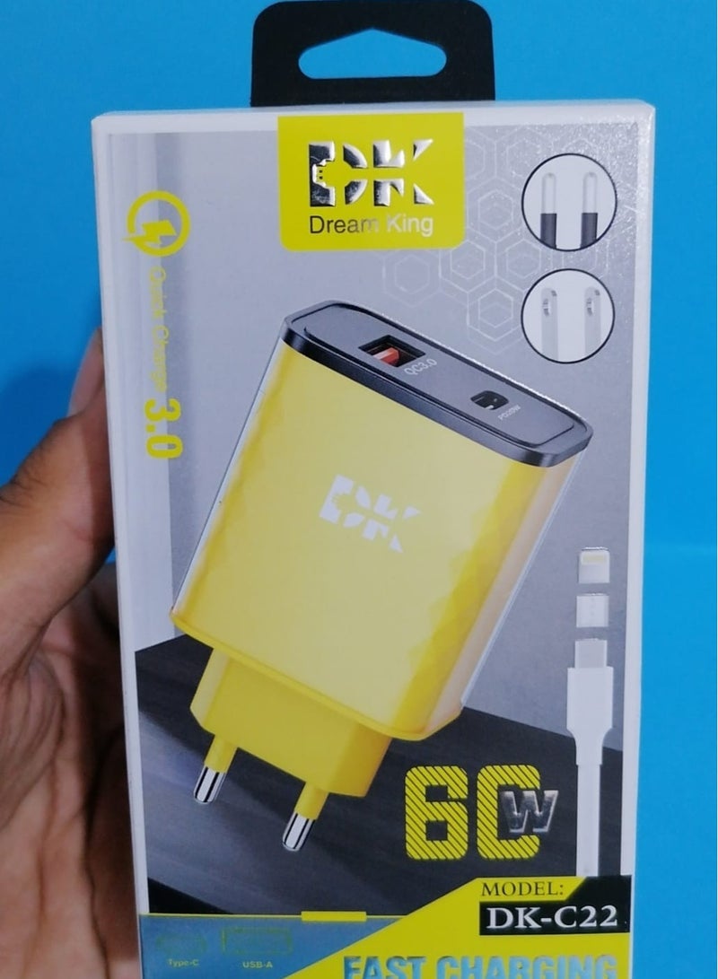 DK Dream King DK-C22 Charger, 60W, Dual Type-C and USB Ports, Supports PD and QC 3.0, Fast and Efficient Charging. - Image 1