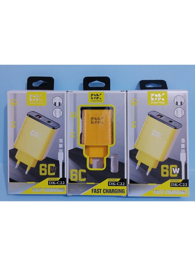 DK Dream King DK-C22 Charger, 60W, Dual Type-C and USB Ports, Supports PD and QC 3.0, Fast and Efficient Charging. - Image 2