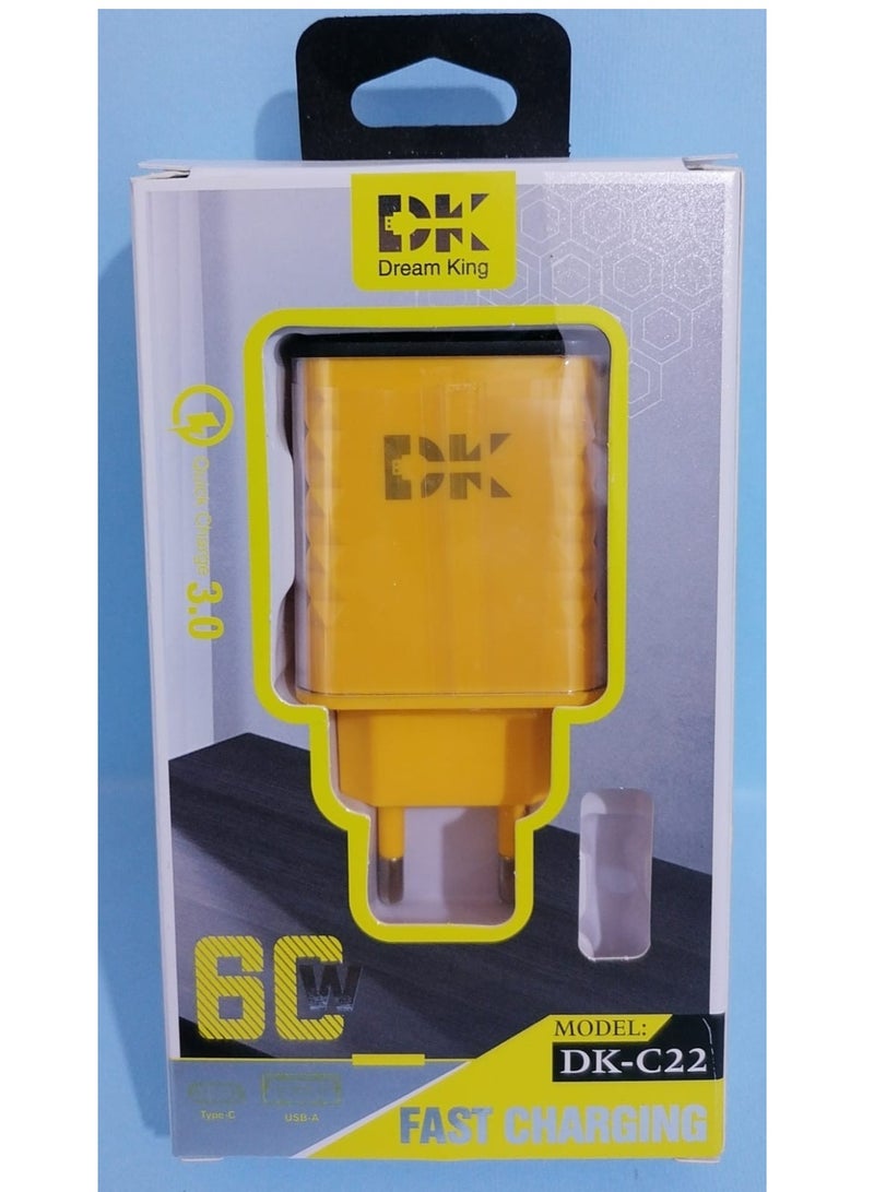 DK Dream King DK-C22 Charger, 60W, Dual Type-C and USB Ports, Supports PD and QC 3.0, Fast and Efficient Charging. - Image 3