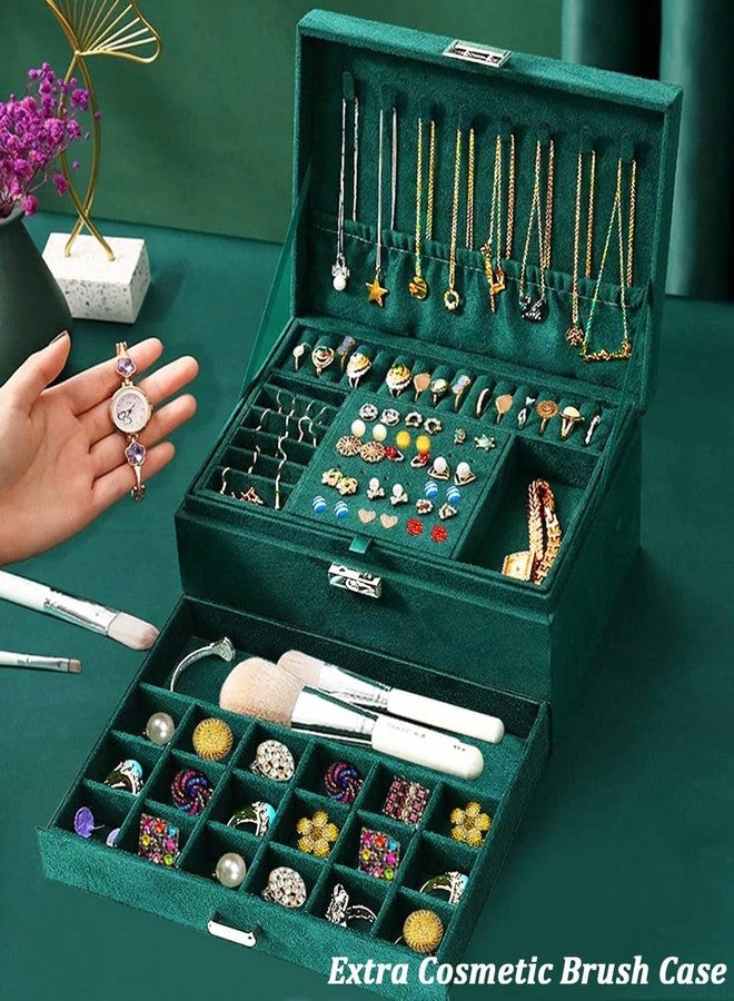 Specmart صندوق مجوهرات من جلد الغزال من سبيك مارت للنساء والفتيات، صندوق كبير بثلاث طبقات لتنظيم الأقراط مع درج قابل للقفل، حامل عرض وتخزين مجوهرات نسائية للأقراط والأساور والقلائد والساعات - أخضر - Image 2