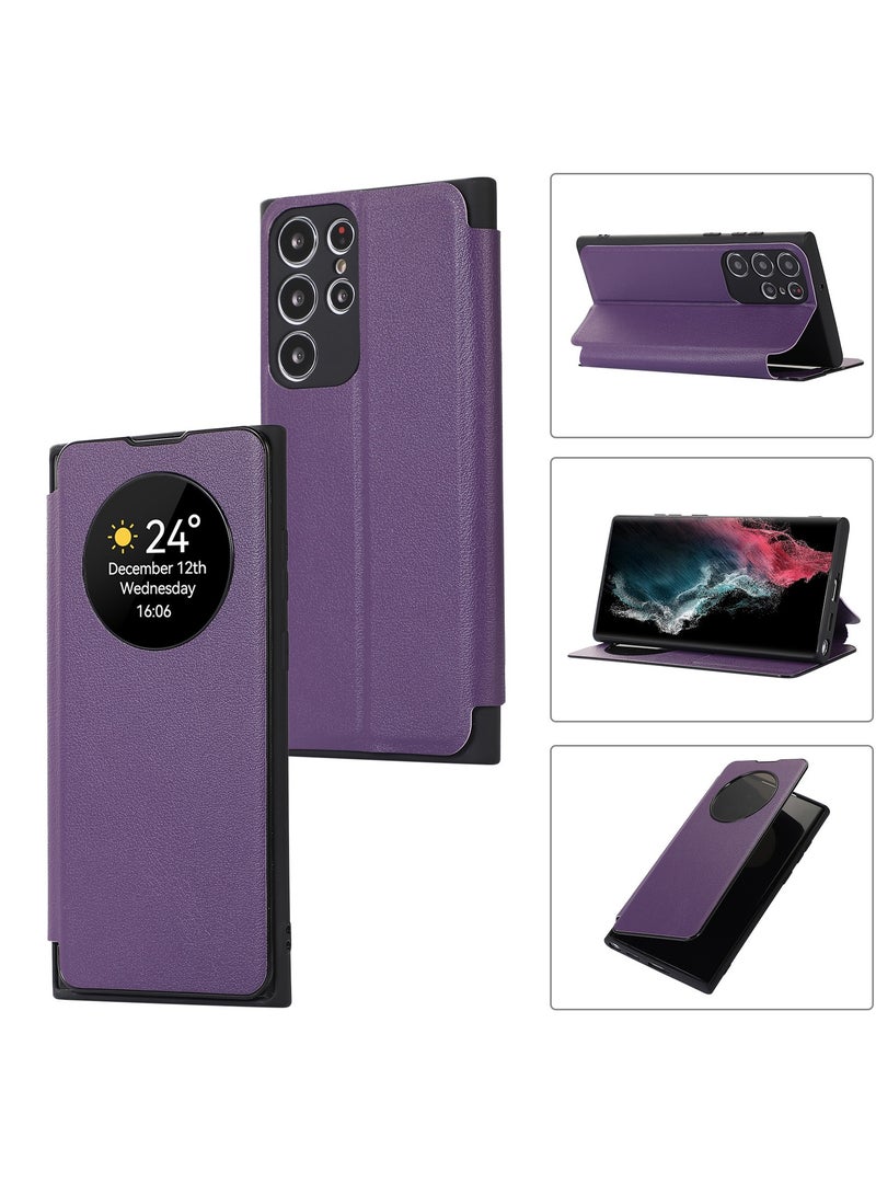 Case for Samsung Galaxy S22 Ultra, Smart Sleep/Wake Up Function Clear View Window Premium Leather Flip Cover with Card Slot Kickstand Wireless Charging Compatibility Phone Case