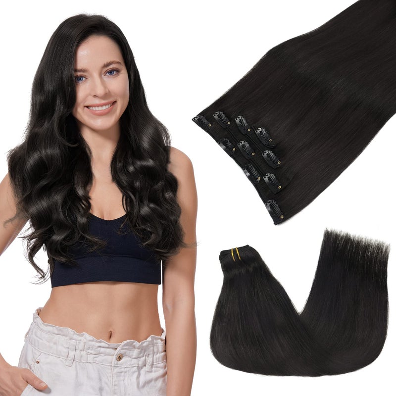 GOO GOO Clip in Hair Extensions Real Human Hair Remy Human Hair Extensions Clip ins for Women Natural Human Hair 18inch 70g 4Pcs 1B Natural black
