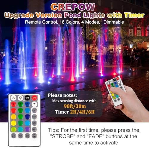 CREPOW RGB Pond Lights with Timer, LED Underwater Submersible Colorful Landscape Spotlights, 98ft Remote Control IP68 Waterproof Fountain Lights for Fish Aquarium Tank Garden Yard Pool (Set of 4) - Image 3