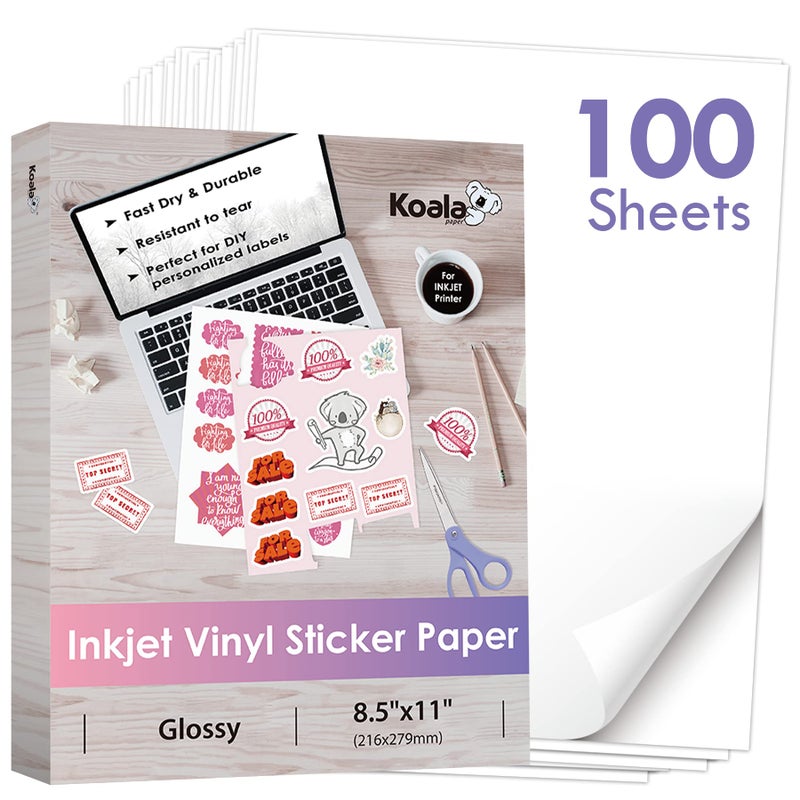 KOALA PAPER Koala Printable Vinyl Sticker Paper for Inkjet Printers - 100 Sheets Glossy White Water-Resistant Adhesive Label Paper - 8.5x11 Inch, Tear-Resistant, Removable - Image 1