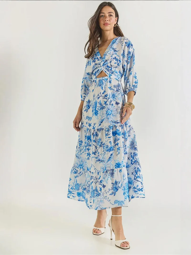LUCCI V-Neck Flowering Maxi Dress with Bow
