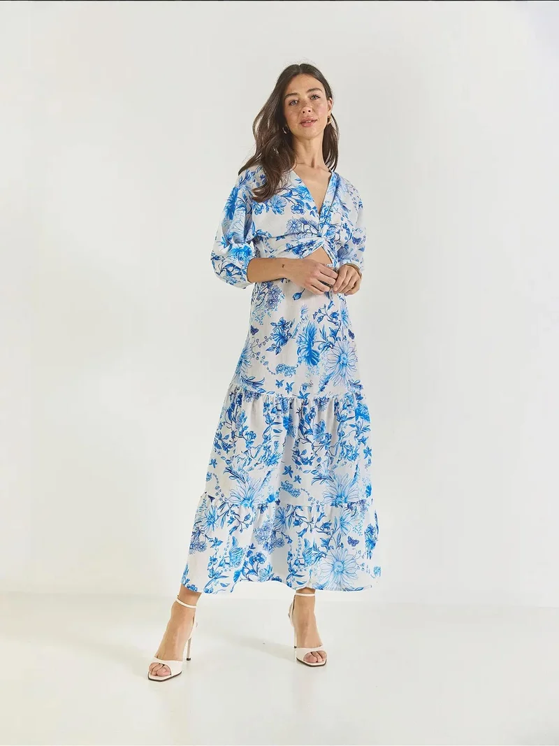 Bianco Lucci Maya Blue LUCCI V-Neck Flowering Maxi Dress with Bow for Women | Best Price UAE