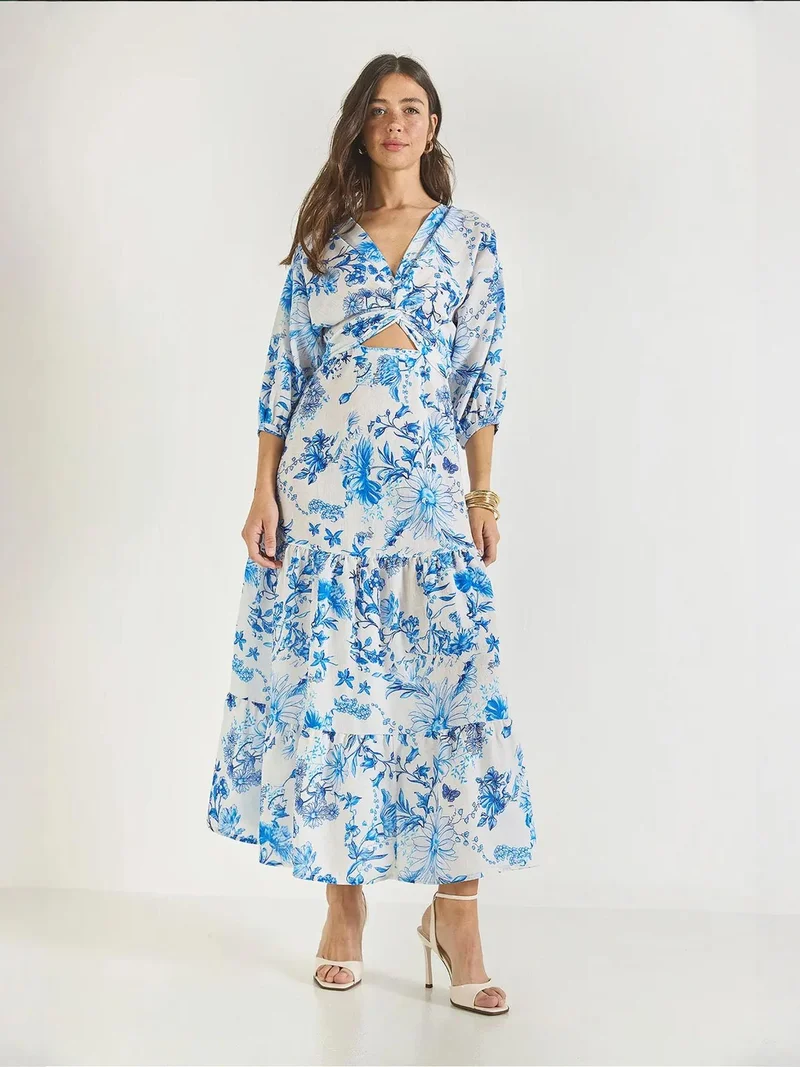 Bianco Lucci Maya Blue LUCCI V-Neck Flowering Maxi Dress with Bow for Women | Best Price UAE