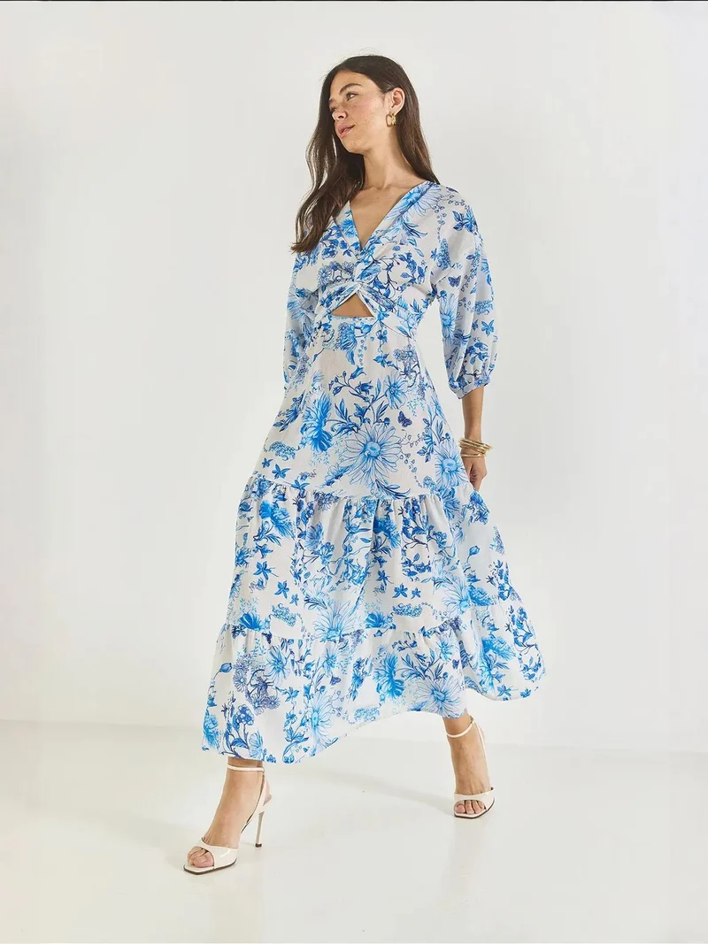 Bianco Lucci Maya Blue LUCCI V-Neck Flowering Maxi Dress with Bow for Women | Best Price UAE