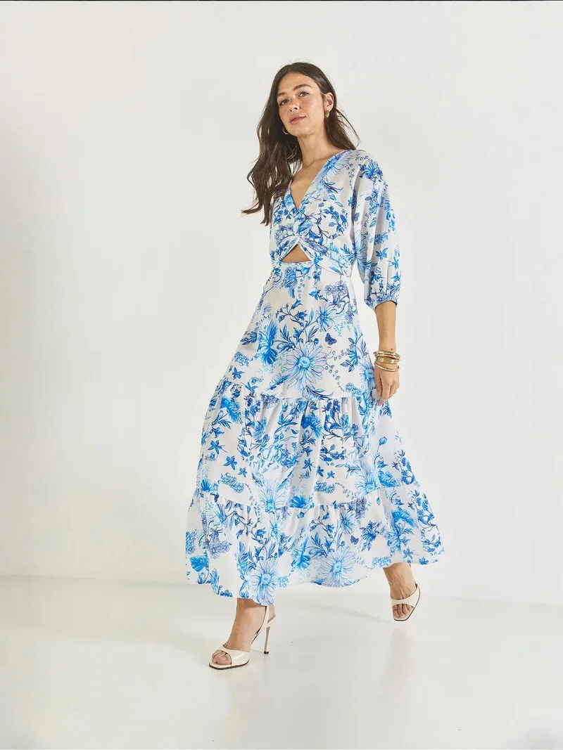 Bianco Lucci Maya Blue LUCCI V-Neck Flowering Maxi Dress with Bow for Women | Best Price UAE