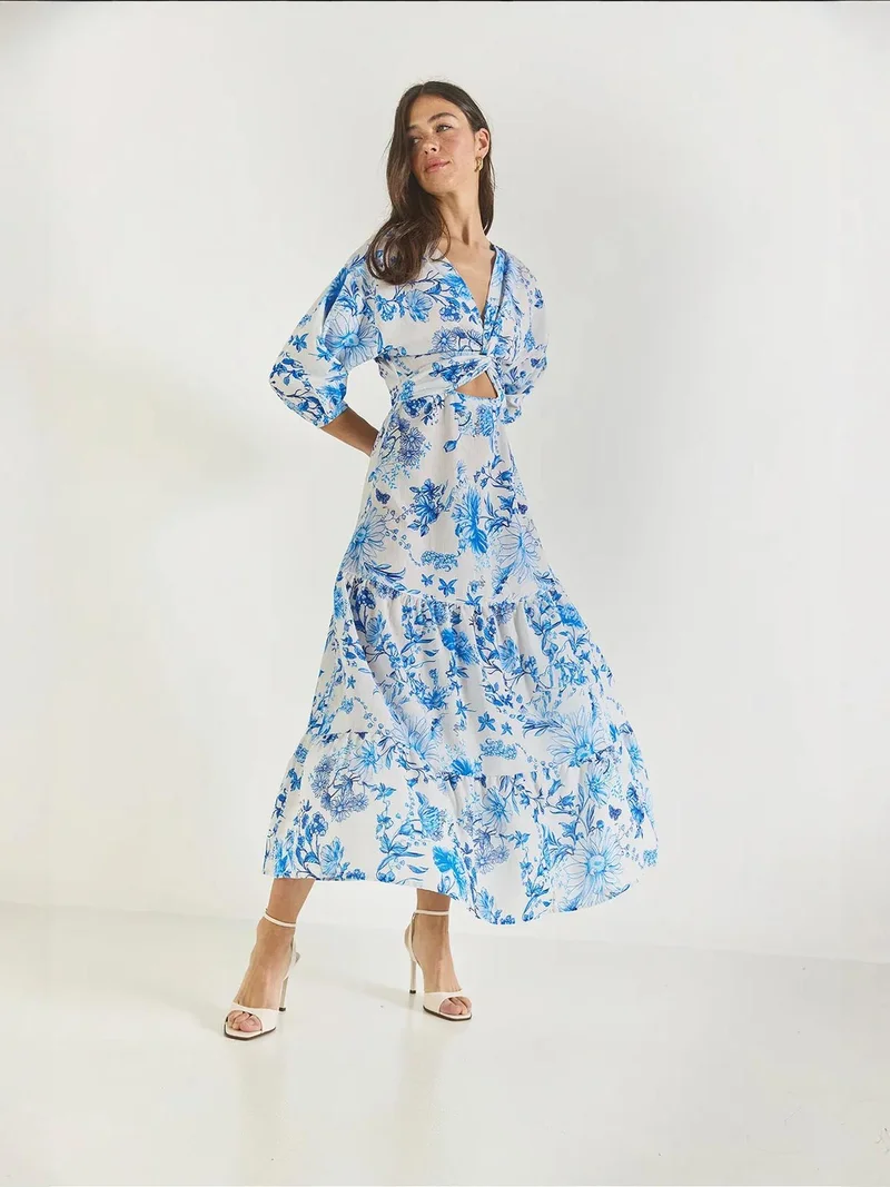 Bianco Lucci Maya Blue LUCCI V-Neck Flowering Maxi Dress with Bow for Women | Best Price UAE