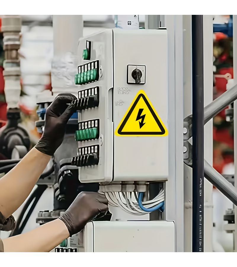10 قطع لاصقة مثلثة متينة من PVC تحمل علامات تحذير من الصدمات الكهربائية عالية الجهد، مع رموز برق سوداء، تذكير وتحذيرات للسلامة الكهربائية. - Image 3