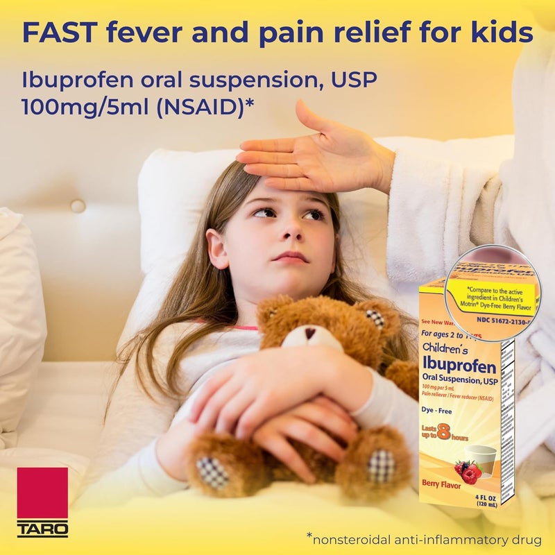 Taro Children's Ibuprofen Oral Suspension 100 mg per 5 mL, 4 Fl Oz, Pain Reliever and Fever Reducer for Ages 2-11 Years, Dye-Free, Berry Flavor - Image 5