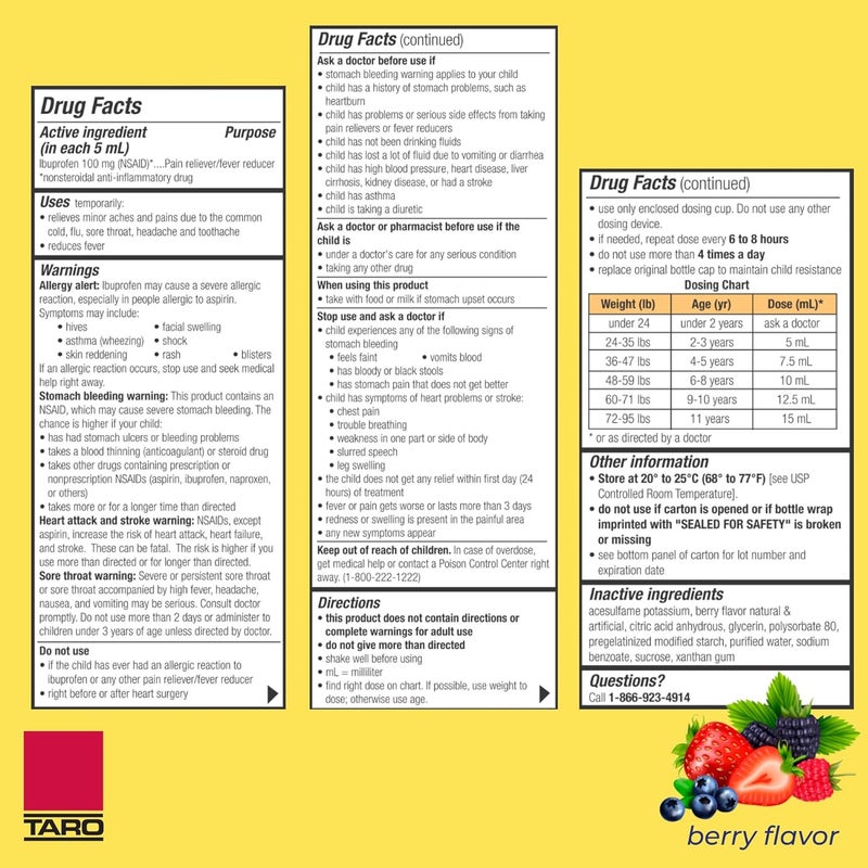 Taro Children's Ibuprofen Oral Suspension 100 mg per 5 mL, 4 Fl Oz, Pain Reliever and Fever Reducer for Ages 2-11 Years, Dye-Free, Berry Flavor - Image 1