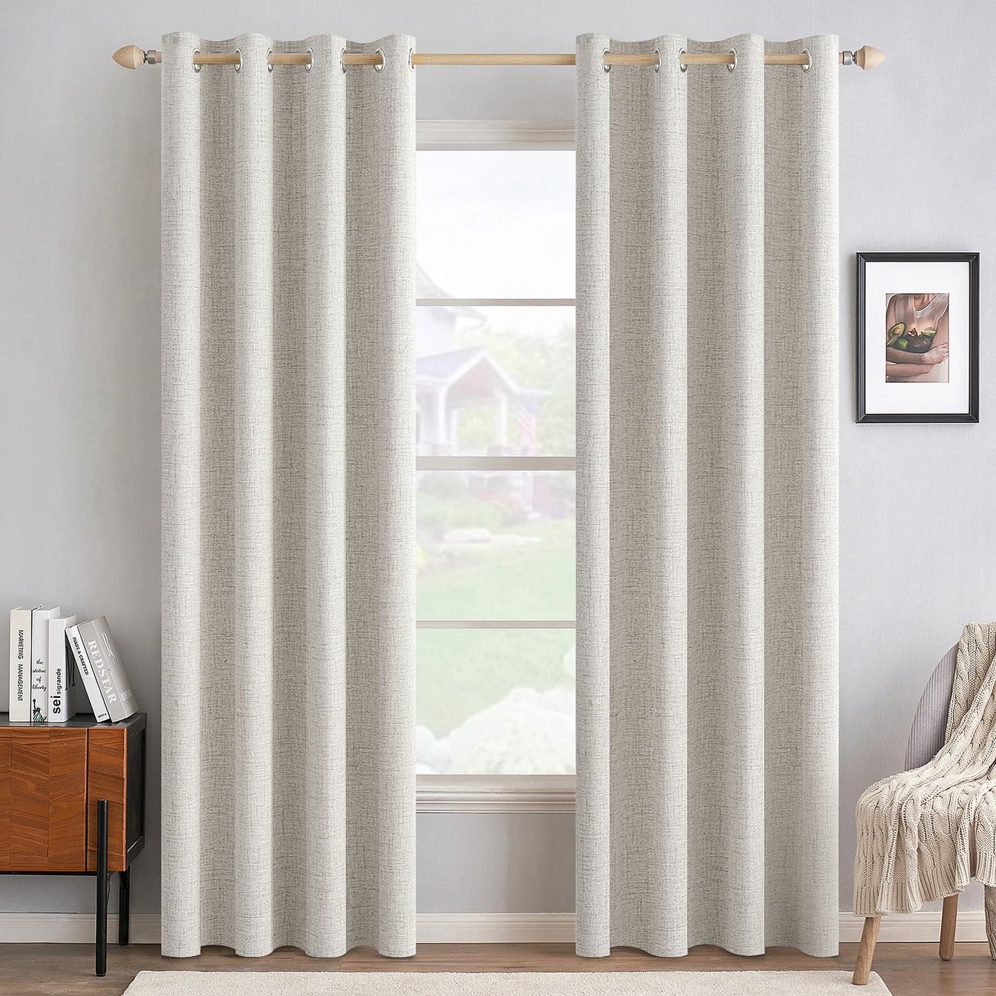 MIULEE 100% Blackout Linen Textured Curtains for Bedroom Solid Thermal Insulated Cream White Grommet Room Darkening Curtains & Drapes Luxury Decor for Living Room 52 x 84 Inch (2 Panels)