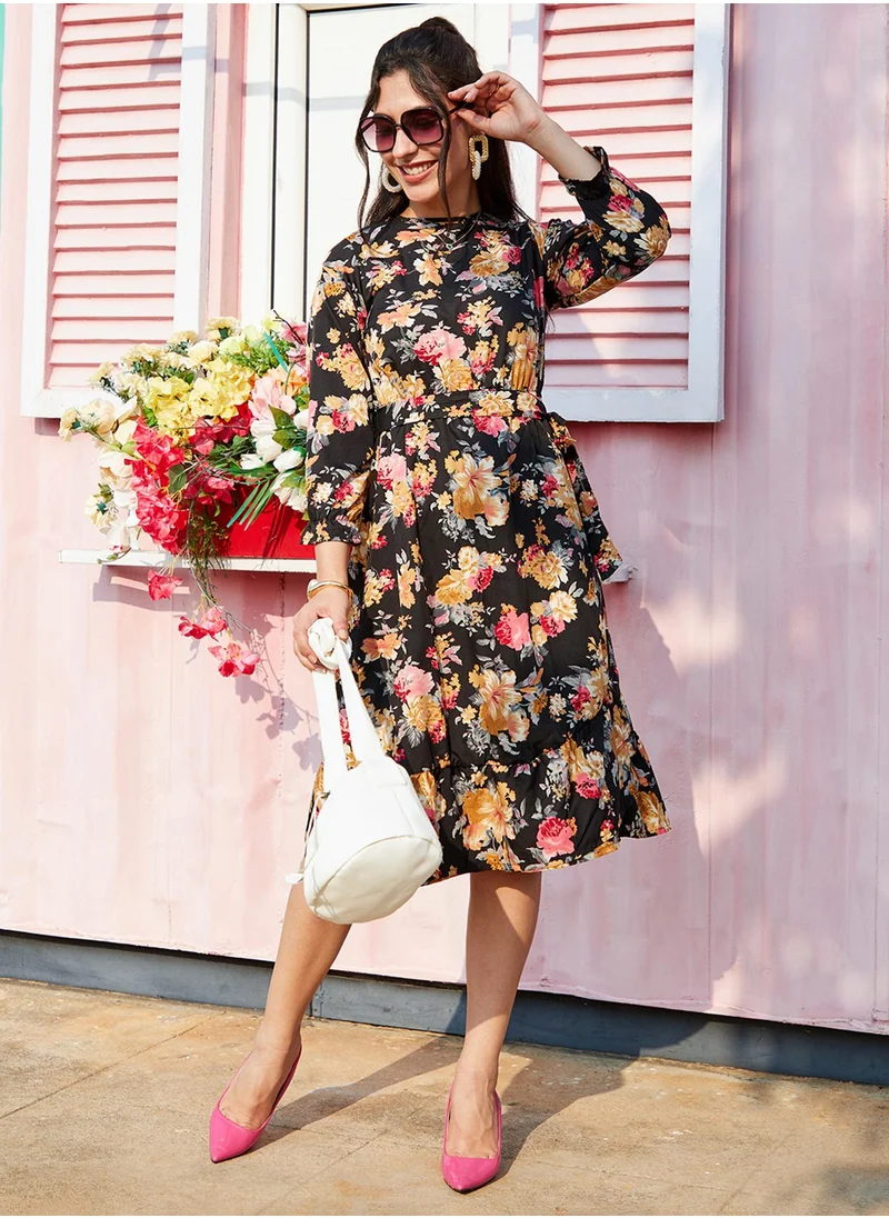 PINACOLADA Women's Midnight Black Floral Midi Dress