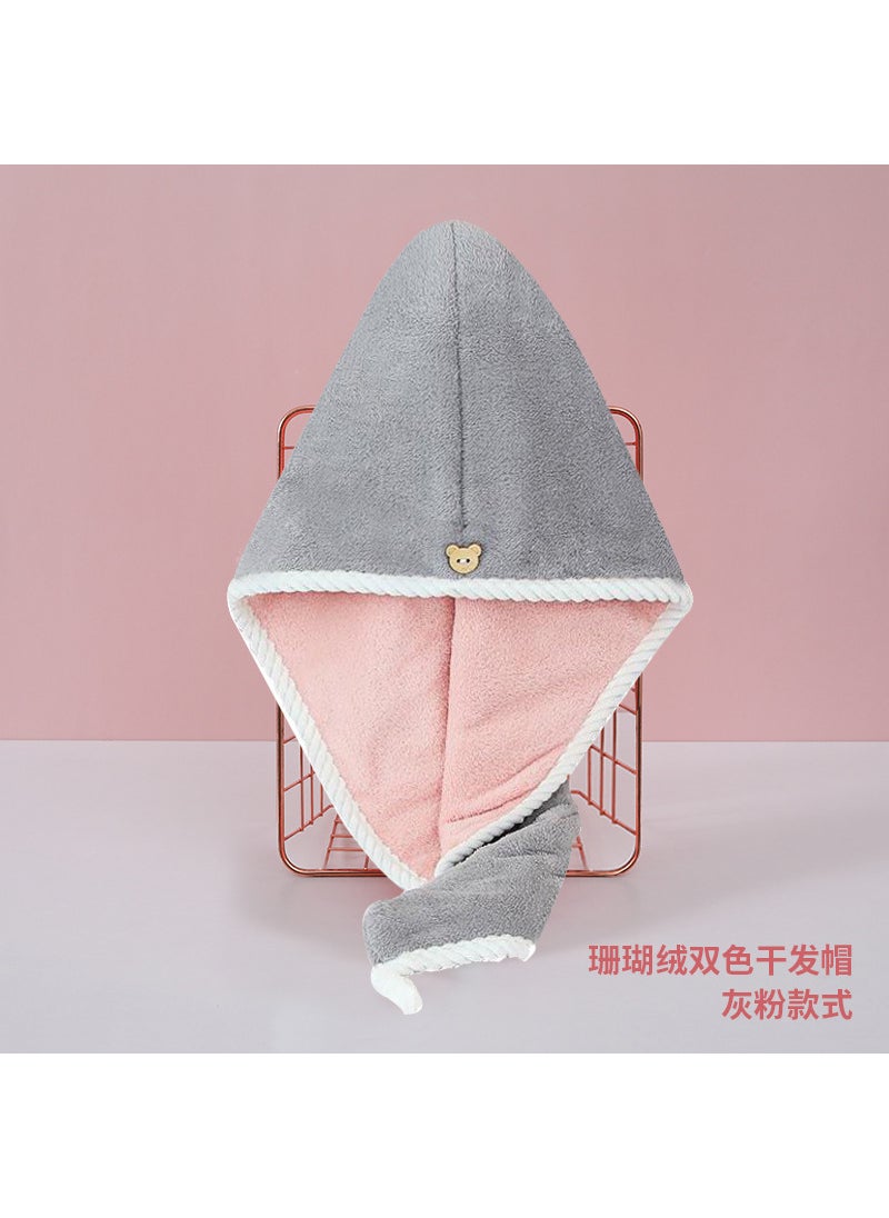 Generic New Womens Double-layer Fast-drying Hair Towel Ultra-absorbent No Linting Bath Cap Student Hair Drying Cap Gray powder 