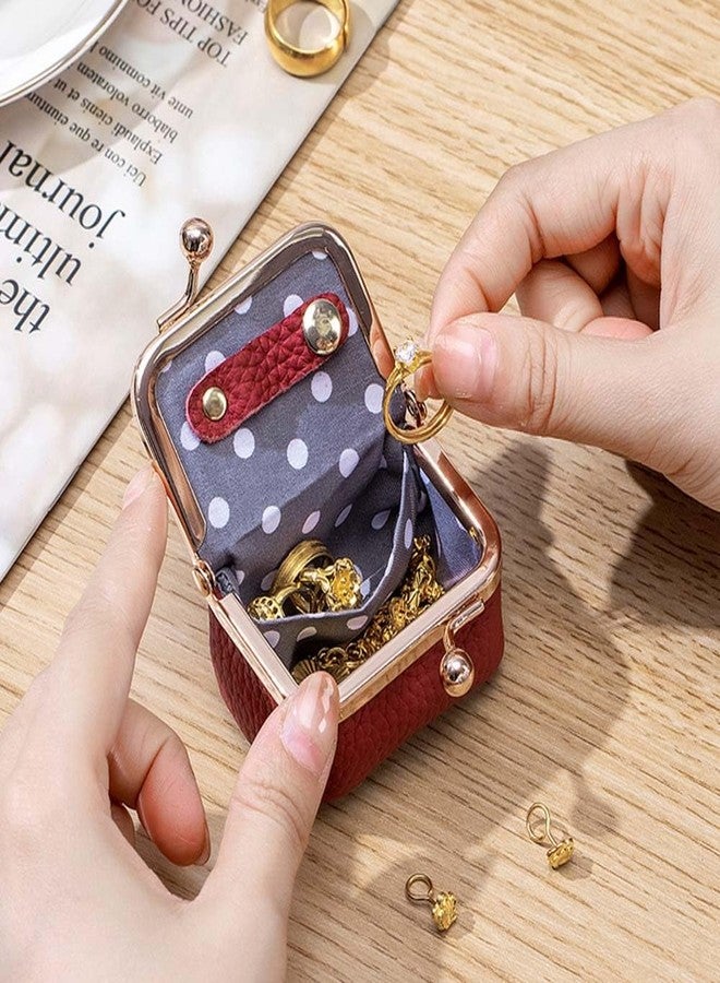 LINXI Mini Leather Jewelry Box, Portable Vintage-Inspired Genuine Leather Coin Purse Jewelry Case with Kiss Lock for Earring/Ring/Necklace/Bracelet (Red) - Image 5