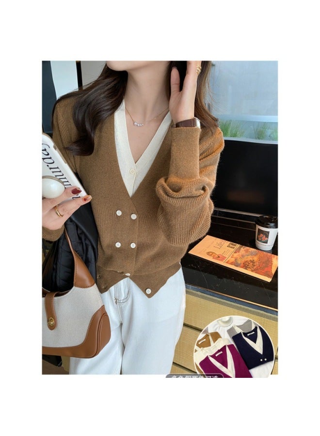Song Feng Ya False Two-piece Knit Sweater Women Early Autumn New Style Popular V-neck Sweater Base Layer Inner Wear Autumn Winter Long Sleeve Top - Image 4
