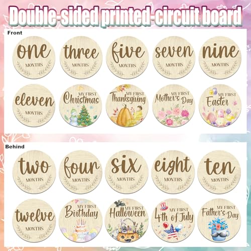 Threetols 11PCS Wooden Baby Monthly Milestone Cards Sign, Double Sided Newborn Photography Prop Pregnancy Journey Baby Growth Monthly Milestone Wood Discs Baby Shower Gifts - Image 3