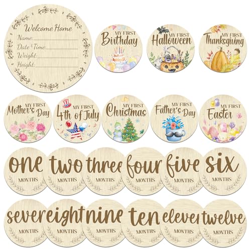 Threetols 11PCS Wooden Baby Monthly Milestone Cards Sign, Double Sided Newborn Photography Prop Pregnancy Journey Baby Growth Monthly Milestone Wood Discs Baby Shower Gifts - Image 1