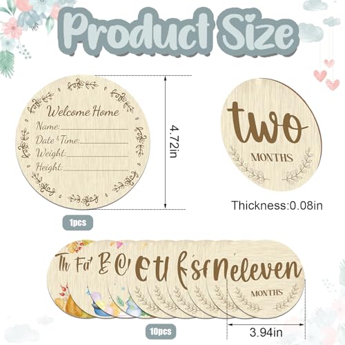 Threetols 11PCS Wooden Baby Monthly Milestone Cards Sign, Double Sided Newborn Photography Prop Pregnancy Journey Baby Growth Monthly Milestone Wood Discs Baby Shower Gifts - Image 2